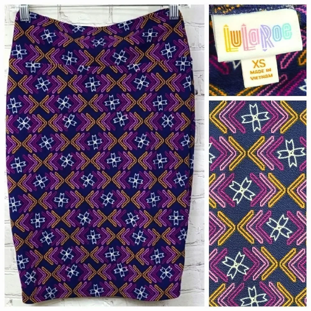LuLaRoe Cassie XS Navy Geometric Arrow Chevron Pencil Skirt Pink Gold Stretch